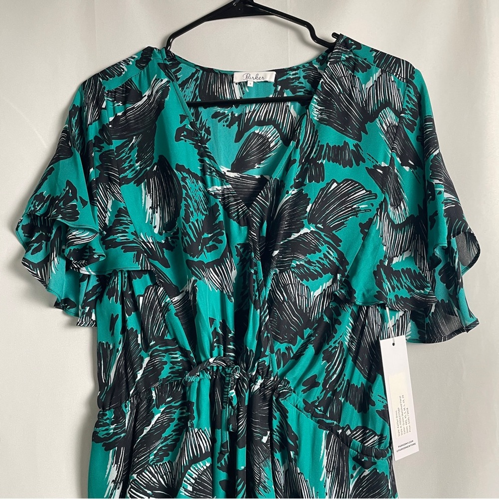 NWT PARKER Sm Kaitlyn Green Black Wrap Maxi Bird Floral Flutter Tie Waist Slit